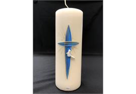Firmung/Kommunion-Kerze weiss mit Kreuz blau/gold, Taube und Glitter D: 70mm H: 200mm