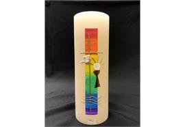 Firmung/Kommunion-Kerze wollweiss Regenbogen, Kreuz, Taube, Wasser, Kelch D: 70mm H: 200mm