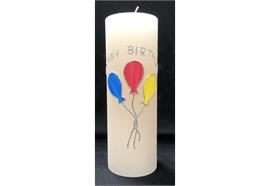 Geburtstagskerze wollweiss: Happy Birthday (silber) mit Ballone D: 80mm H: 200mm