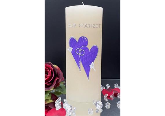Hochzeitskerze Doppelherz violett Taube u.Ringe