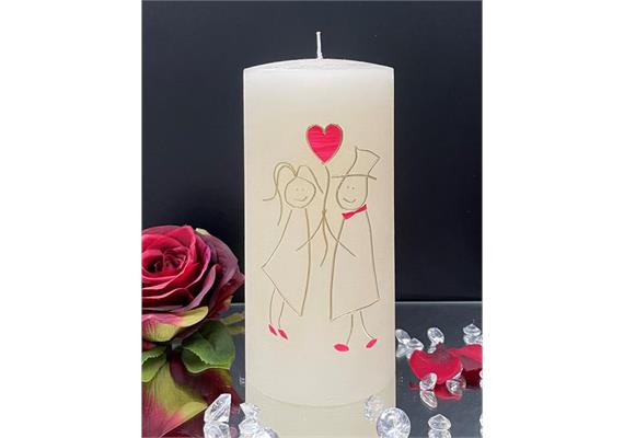Hochzeitskerze mit Brautpaar gold und Herz pink