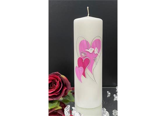 Hochzeitskerze mit Herz rosa/pink,Tauben u. Ringe