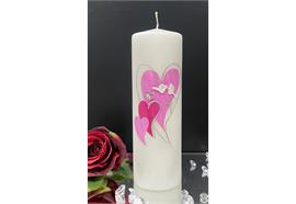 Hochzeitskerze mit Herz rosa/pink,Tauben u. Ringe