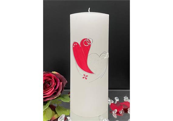 Hochzeitskerze mit Herzen, Taube und Ringe