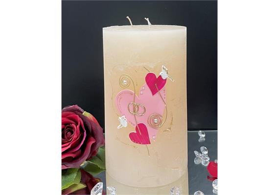 Hochzeitskerze mit Herzen Tauben u. Ringe