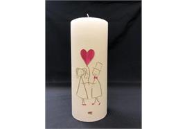 Hochzeitskerze wollweiss mit Brautpaar gold und Herz pink D:120mm H: 200mm