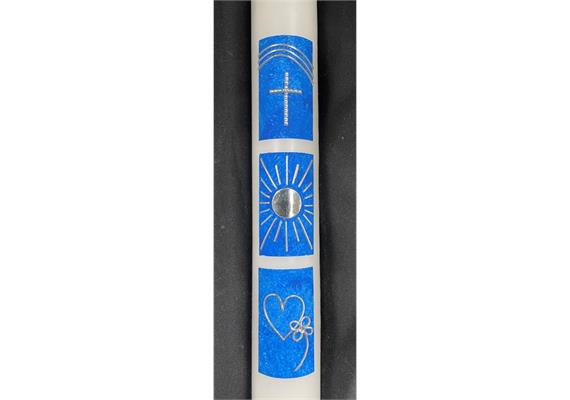 Taufkerze blau mit Kreuz,Sonne und Herz