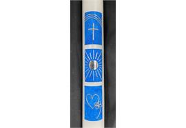 Taufkerze blau mit Kreuz,Sonne und Herz
