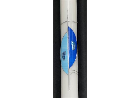 Taufkerze hellblau/blau mit Füsse silber/blau