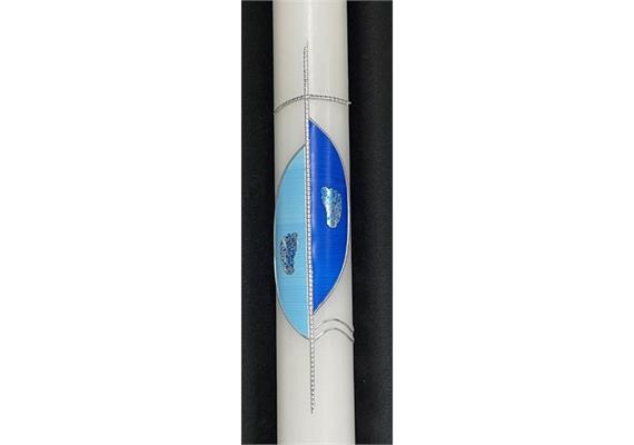 Taufkerze hellblau/blau mit Füsse silber/blau