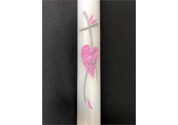 Taufkerze mit Kreuz silber und Herz rosa D: 35 mm H: 400 mm