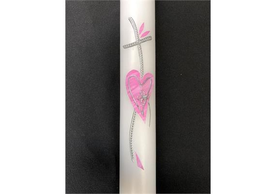 Taufkerze mit Kreuz silber und Herz rosa