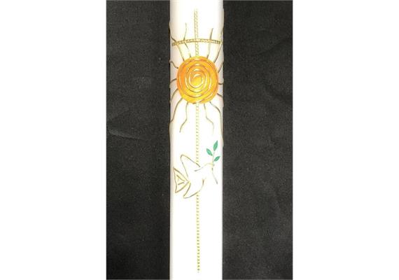 Taufkerze mit Kreuz, Sonne und Taube