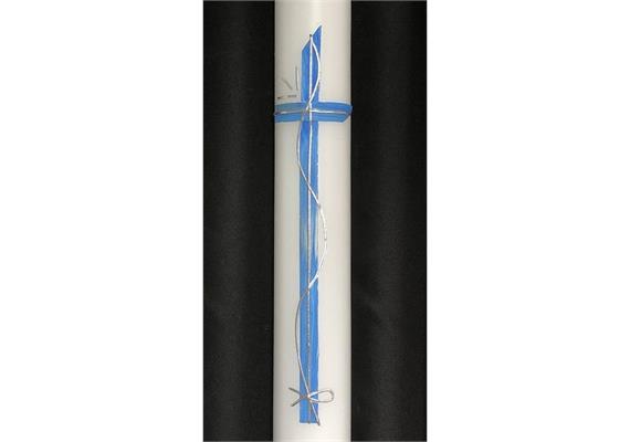 Taufkerze mit Kreuz und Fisch blau