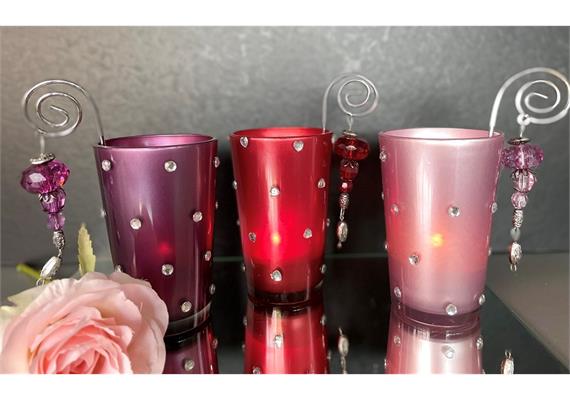 Teelichtglas rot mit Glitzersteine